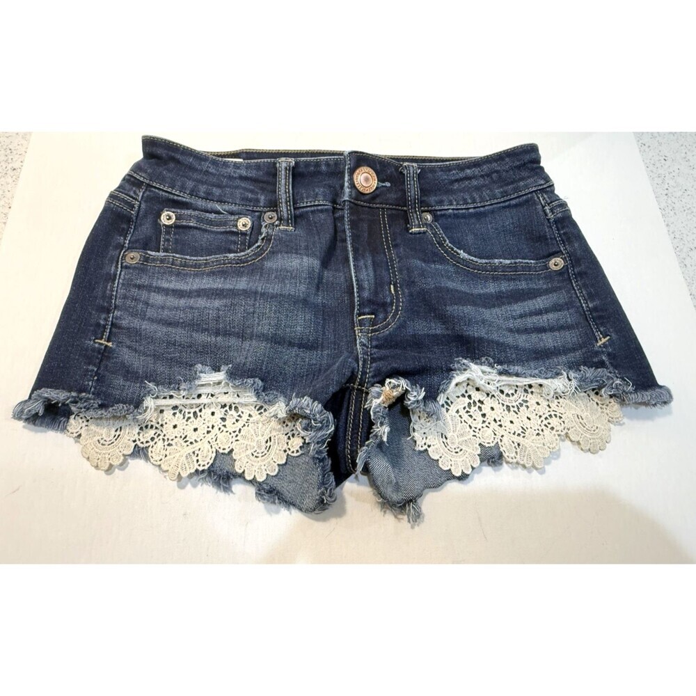AMERICAN EAGLE Outfitters Denim Jean Shorts Lace Trim Women's Size 00 Y2K Blue